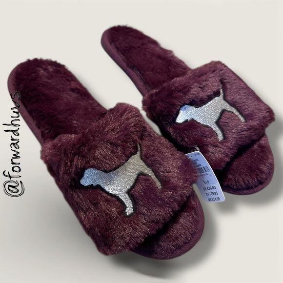 Victoria’s Secret PINK Fuzzy Slide Slippers – Purple – Silver Dog Logo – Size S/ - Picture 5 of 10